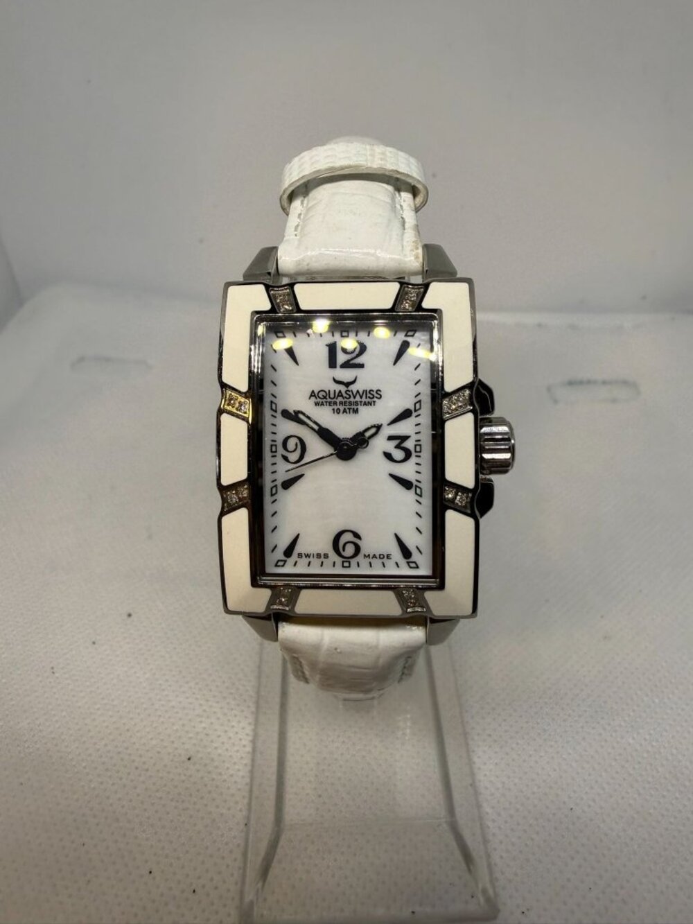Aquaswiss Avalon AVL003 Women's White Ceramic 16 Diamond Bezel Leather Watch